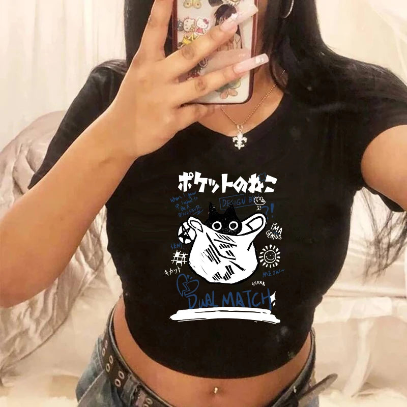 Mulheres 2000s Doce Engraçado Gato Camiseta Top Curto Camisa Feminina Camiseta Ulzzang Curta 90s Camiseta Top Camiseta Feminina Camisa Gótica