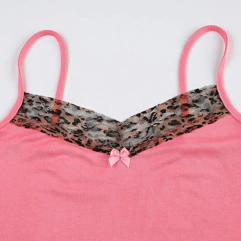 Y2k Leopard Print Camisole Crop Tops Feminino Rosa Slim Fit Sem Mangas T-shirt Meninas Moda Sexy Streetwear Roupas Da Moda