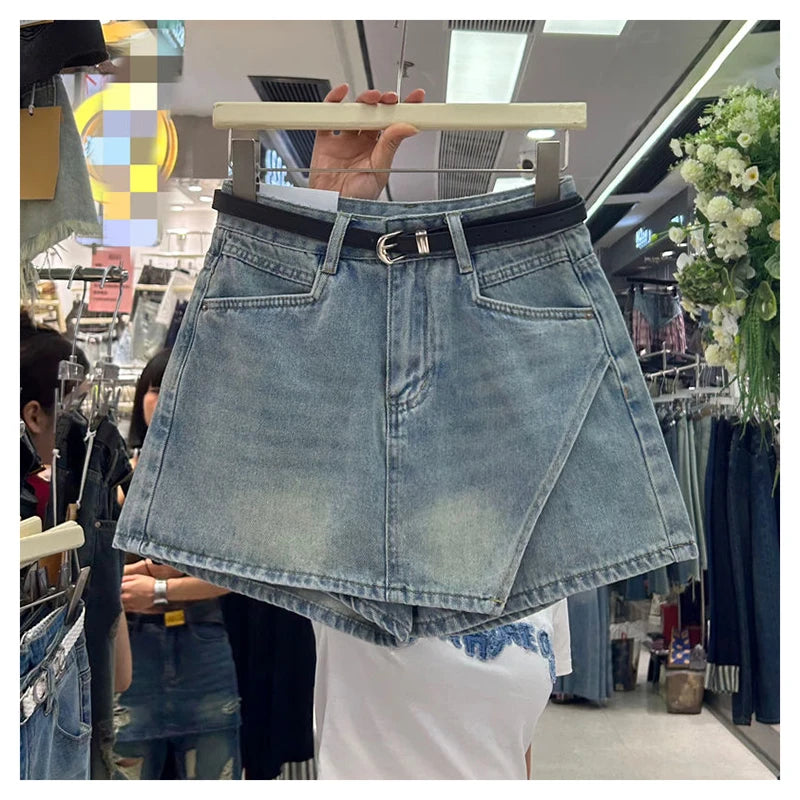 Summer New 2024 Irregular Splicing Design Cowboy Skirts and Shorts for Women, High Waist and Slim Casual Shorts