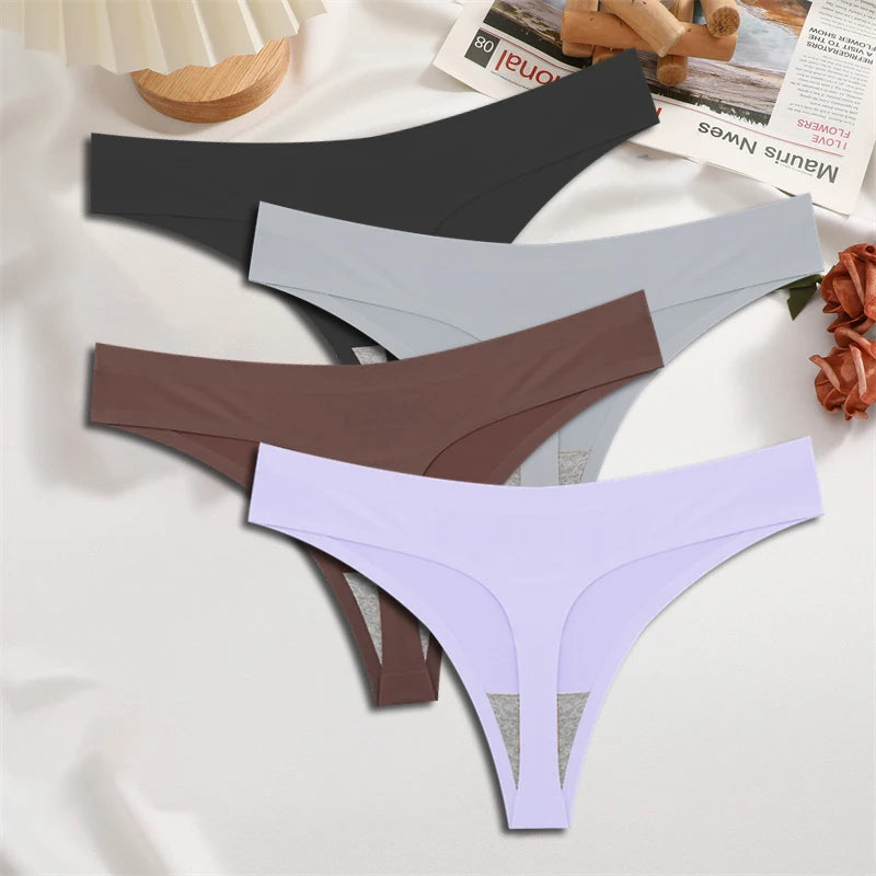 FINETOO 4PCS Seda Cetim Sem Costura Cueca Cintura Baixa Tangas Sexy Cor Sólida Biquíni Cuecas Femininas Elásticas Lingerie Íntima