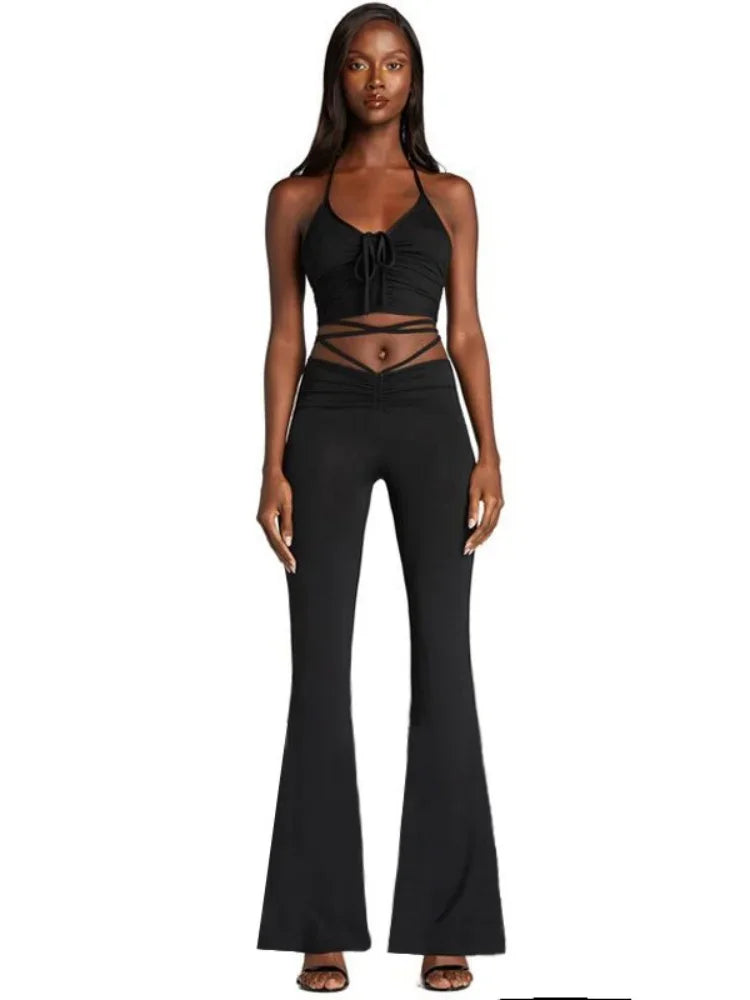 Solid 2 Piece Sets Womens Outfits Neck-mounted Halter Top Low Waist Long Pants Set Conjuntos Feminino Elegante Ensemble Femme