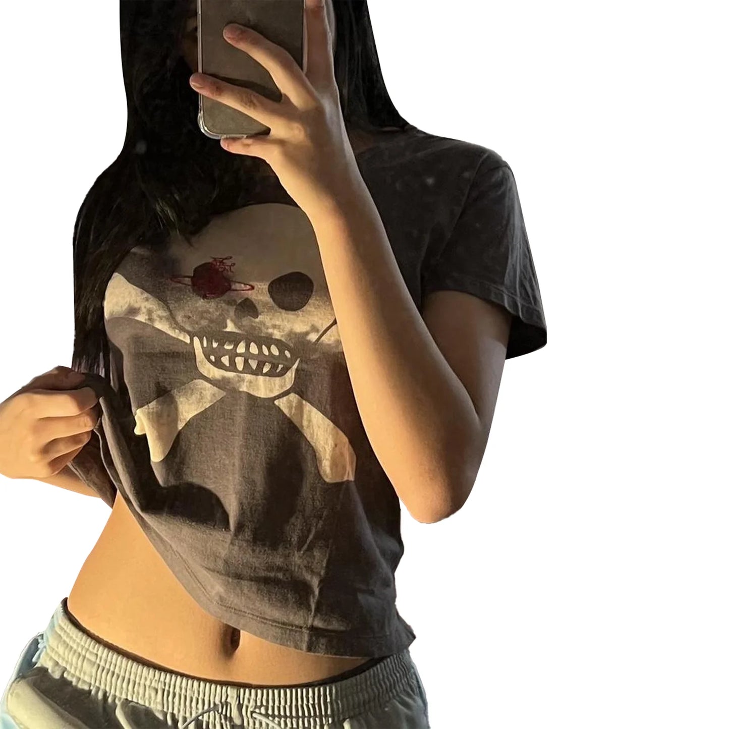 Women Casual Short T-shirt Casual Skull Print Short Sleeve Round Neck Pullover T-Shirts Grunge Goth Tees 00s Retro Streetwear