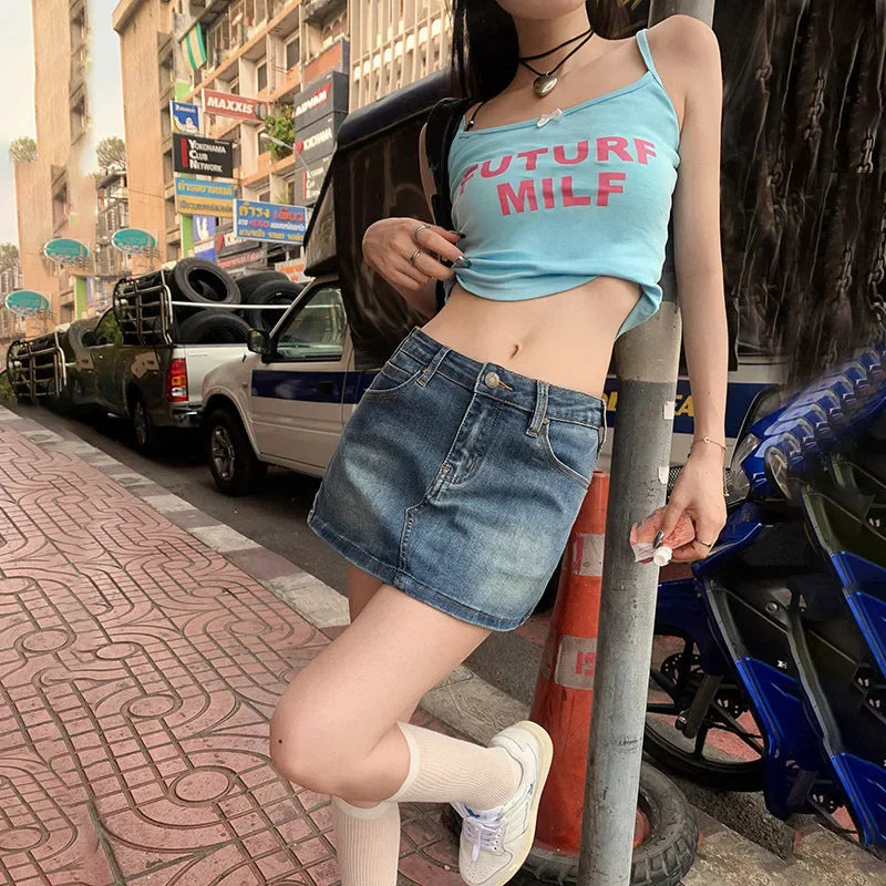 Vintage Sexy Denim Mini Skirt A- Line Waist High Waist Elastic Waist Female Summer 2024 New Arrival Packed Hip Half Skirt