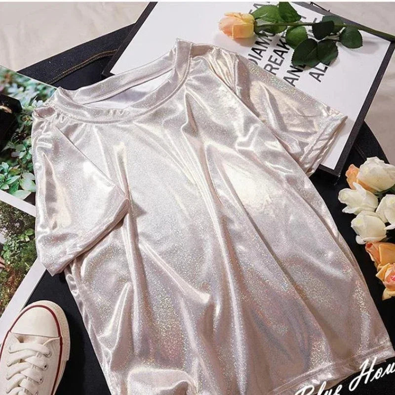 S-4XL Womens Sparkly Shiny Metallic Holographic Round Neck Short Sleeve Casual Loose Top Festival Party Tee Shirt Female Clothes