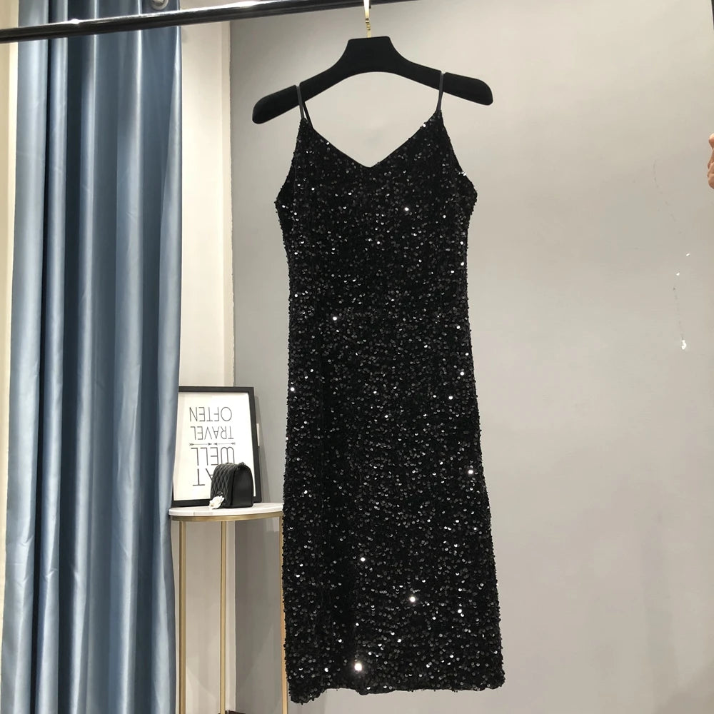 Elegante e brilhante metal feminino sentimento festa vestido longo aniversário 2023 novo inverno