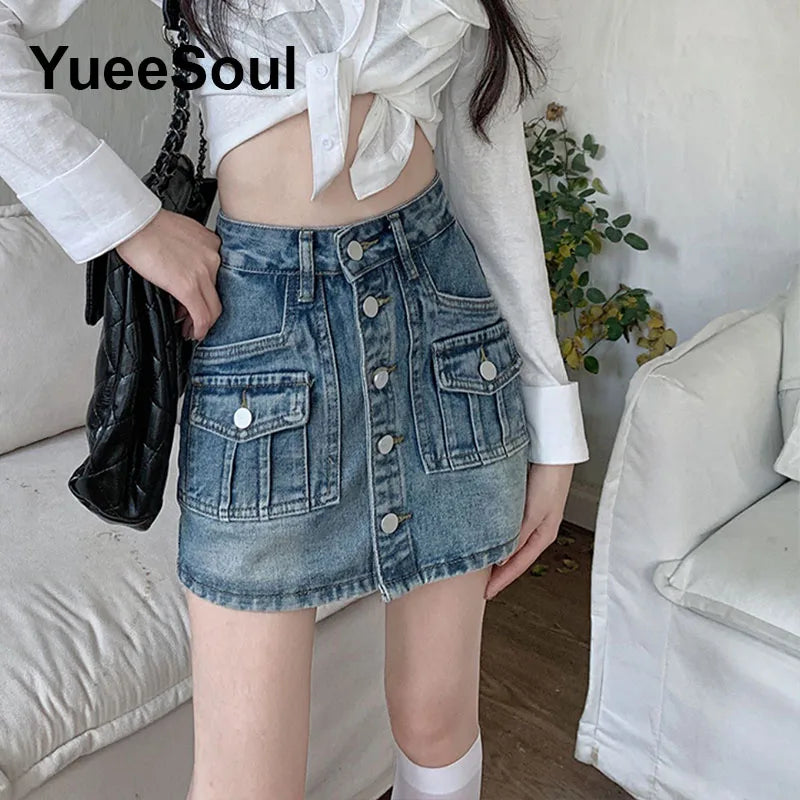 Blue Denim Skirt  A-Line High Waist Mini Skirt 2024 New Summer Y2K 2000s High Street Sexy Kawaii Cute Skirts for Women