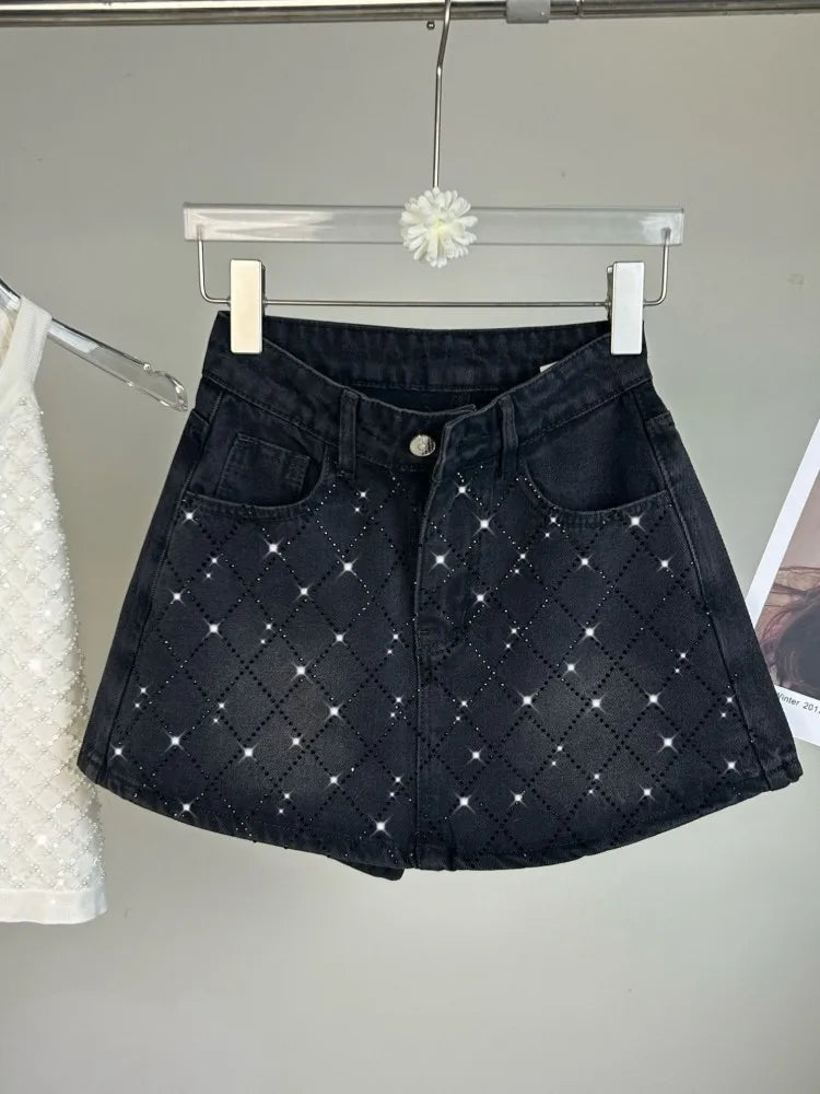 High Street Versatile Women Fashion Diamonds Denim Skirt Design New Spring Summer Female Casual High Waist A-Line Shorts Skirts