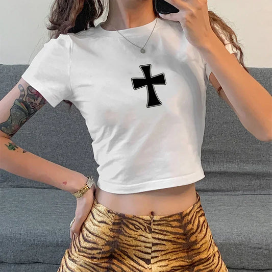 Street Y2K tops Cross Print Crop Top Feminino Moda manga curta O-pescoço Básico Slim Harajuku Tee E-Girls Vintage Gothic Tanks