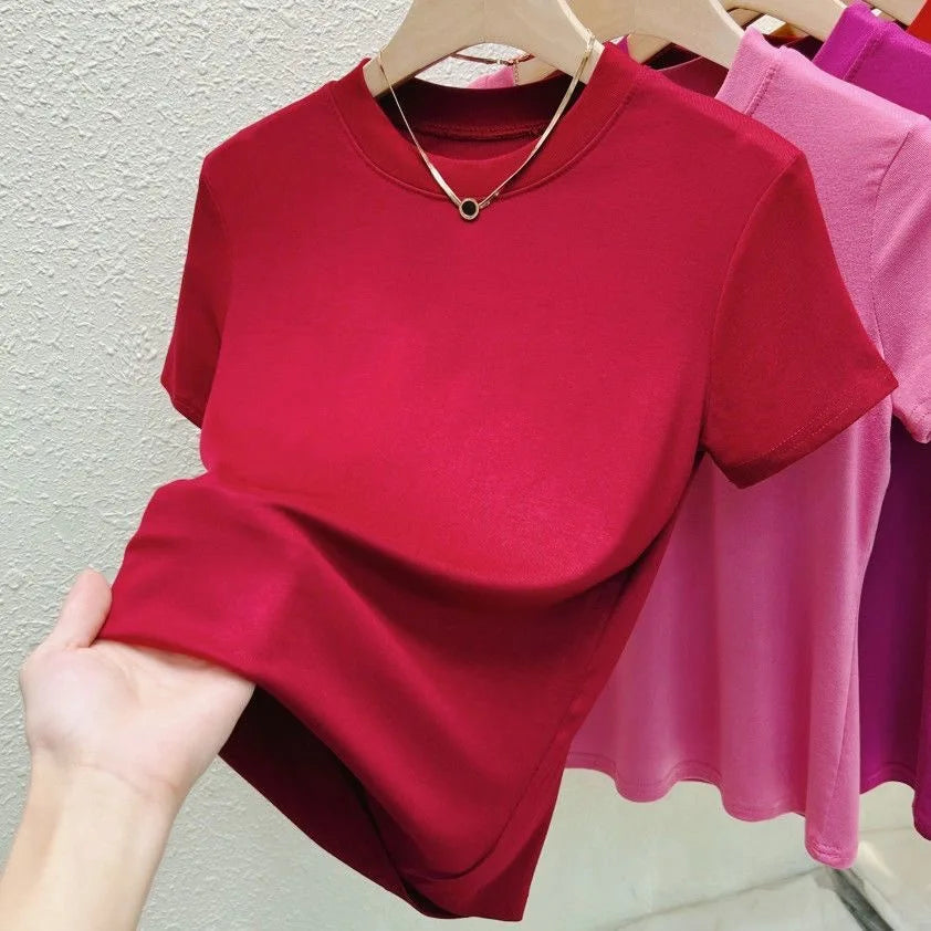 Fashion Sexy Slim Blue Crew Neck Red Women's T Shirt Korean Y2k Street Casual T-Shirt Solid Top Summer Short Sleeve Clothing