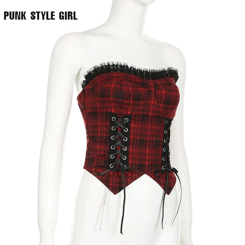 Hip Hop Y2k Hotsweet Red Plaid Vest Women Aesthetic Emo Alternative Grunge Lace Patchwork Bandage Crop Tank Top Goth Rave Outfit