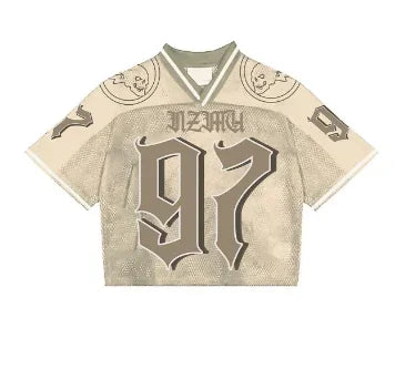 American retro letter graffiti printed mesh short-sleeved T-shirt for men and women summer loose half-sleeved V-neck jersey