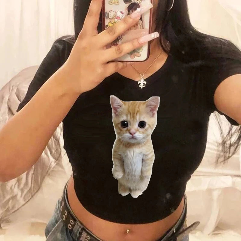 Mulheres 2000s Doce Engraçado Gato Camiseta Top Curto Camisa Feminina Camiseta Ulzzang Curta 90s Camiseta Top Camiseta Feminina Camisa Gótica