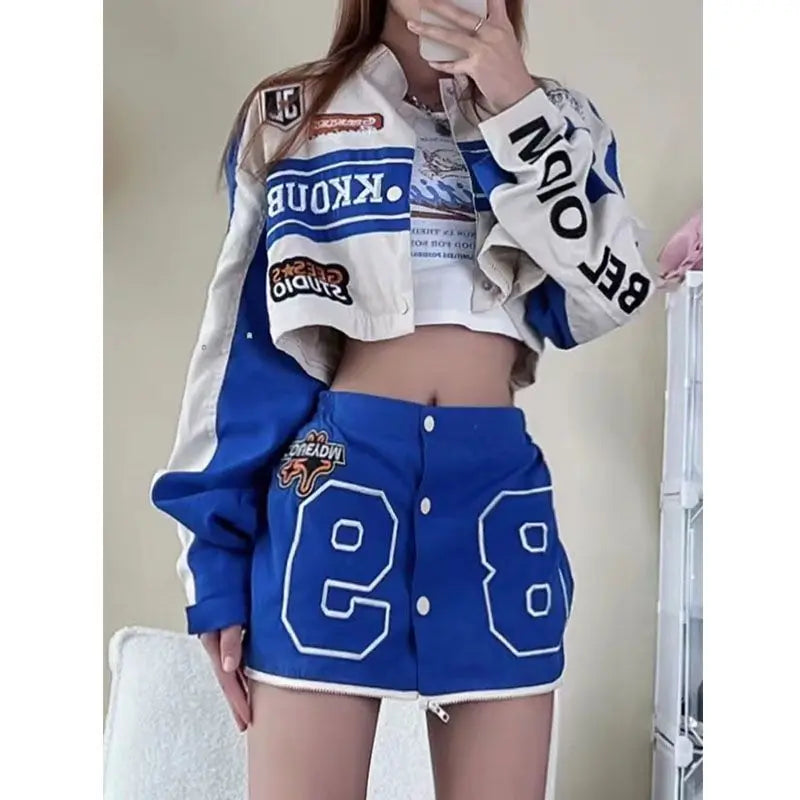 Embroidered American Baseball Suit for Women, Short Racing Jacket, Loose Jacket, Harajuku Clothing, Removable, Y2K, 2023, New