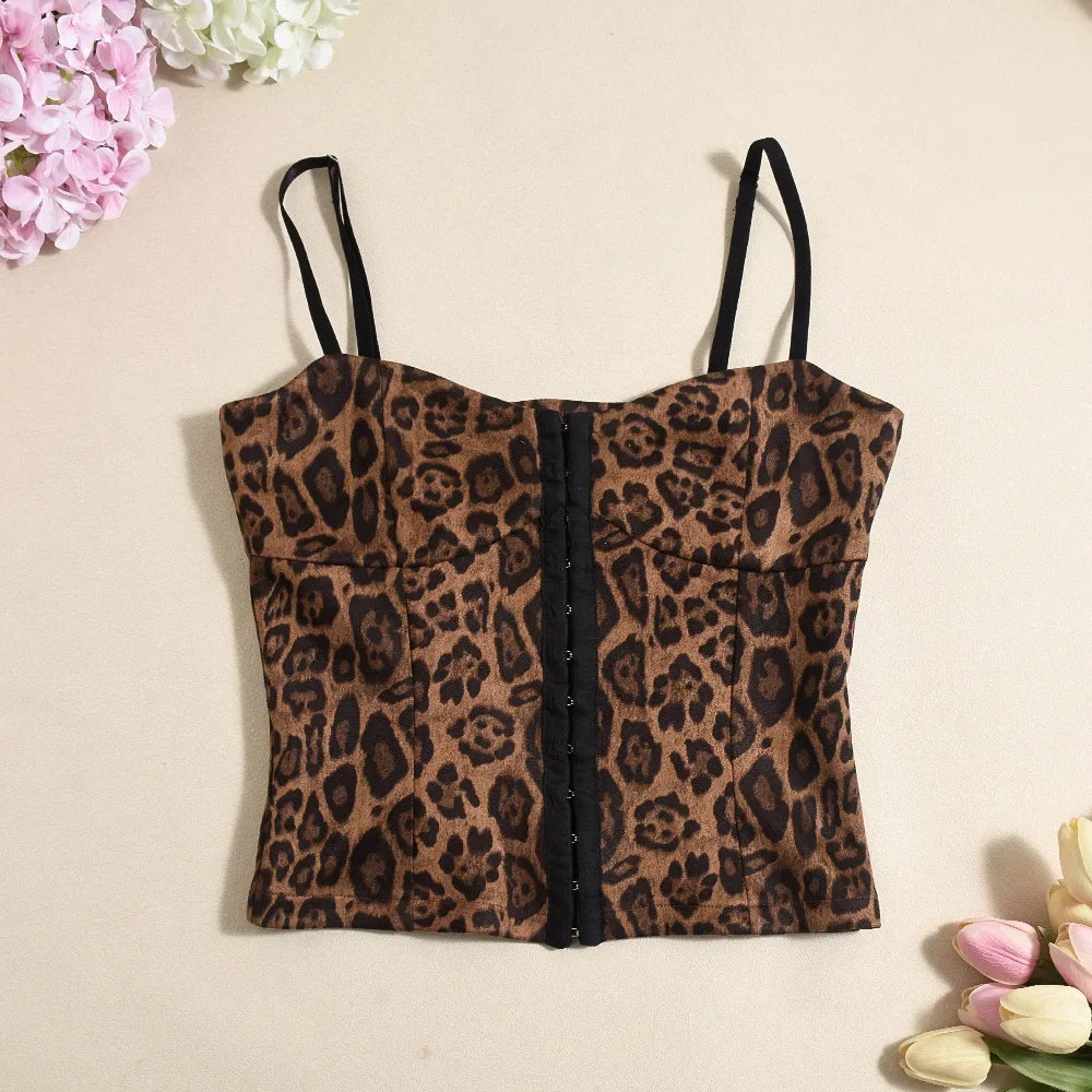 Top curto sexy sem costas com estampa de leopardo retrô para mulheres 2024 moda verão alças esfaqueadas gótico Y2K espartilho tops femininos camis camisetas