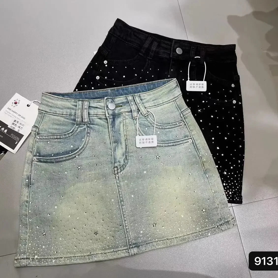 Saia jeans com strass estrelada e quente para mulheres 2024 verão nova saia jeans retrô slim a-line bainha