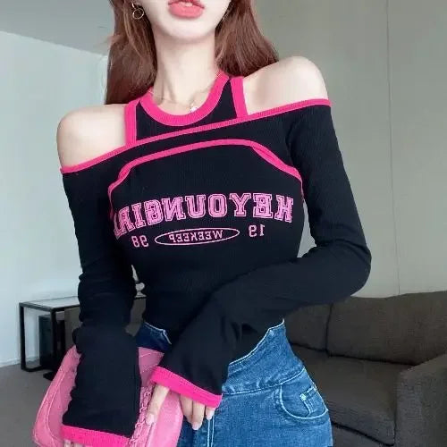 Hikigawa Fake Two Pieces Contrast Color T-shirts Halter Chic Fashion Y2k Tops Mulheres Manga Longa Carta Impressão Roupas Femininas