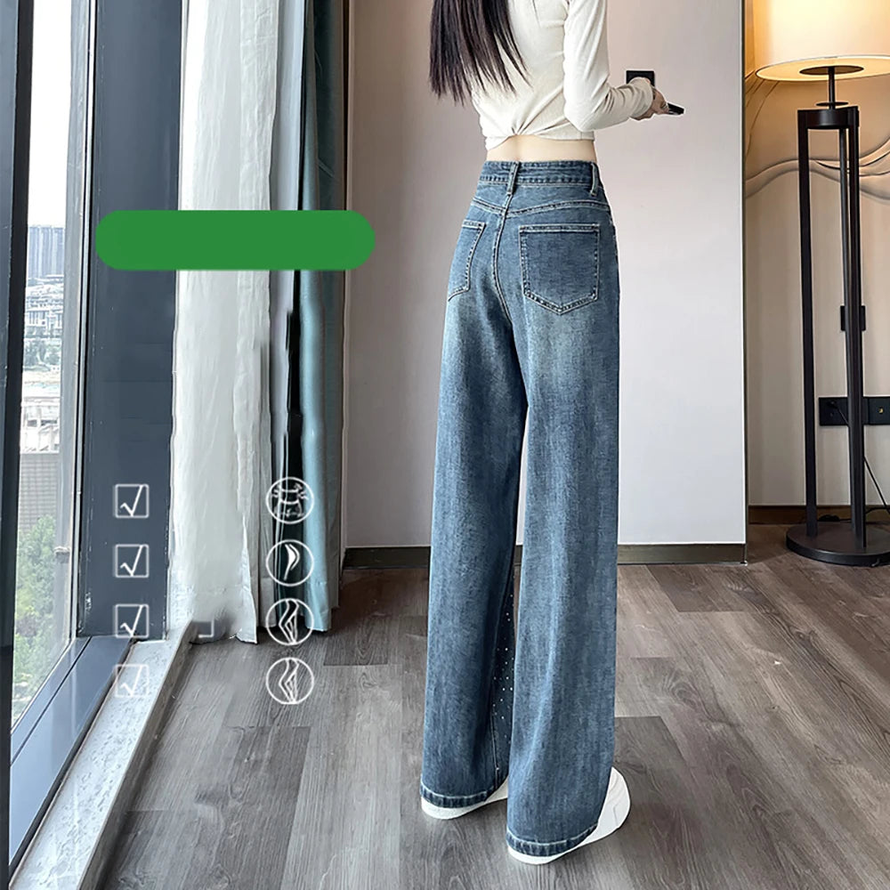 Fashion Straight Wide Leg Pants Women Blue Jeans Spring Autumn High Waist Loose Hot Stamping Diamond Denim Pants Streetwear