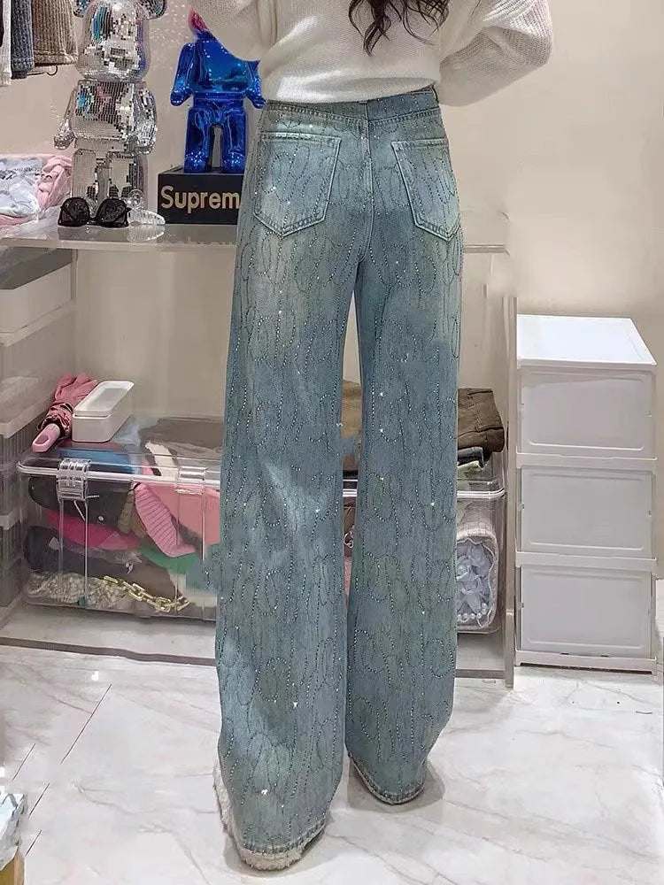 Calça jeans diamante para mulheres brilhante cintura alta solta perna larga calças jeans azul strass esfregando calças streetwear moda