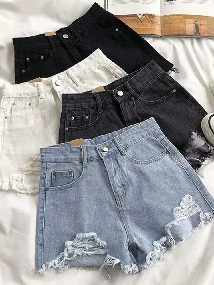 Moda Distressed Edge Cintura Alta Street Wear Mulheres Perna Larga Calças Quentes Verão Novos Shorts Jeans Casuais Femininos Estilo Coreano