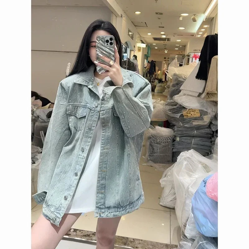 2024 Spring New Denim Jacket Women's Loose-Fit Versatile Casual Age-Reducing Diamond-Embellished Jacket Top