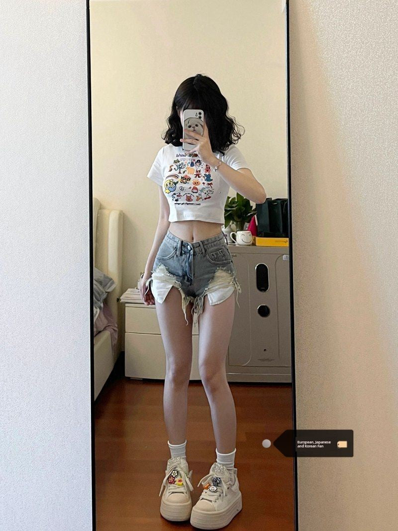 Plus Size Fashion Wind Vibe Hole Denim Shorts Female Summer Sexy High Waist Stylish A- line Frayed Edge Hot Pants