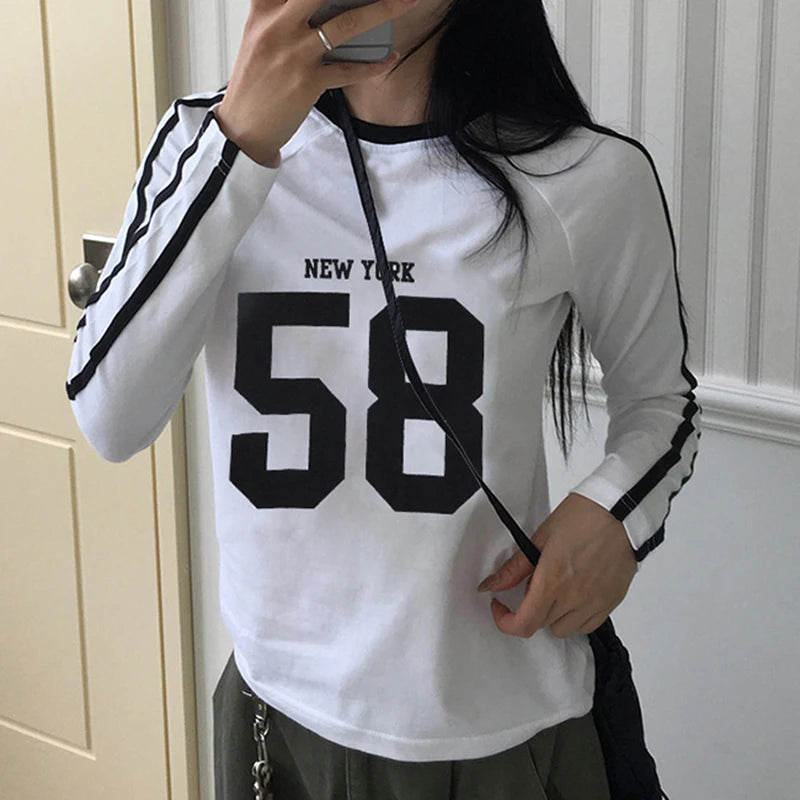 CIBBAR Casual Digital Print Crop Top Basic O-neck Full Sleeve Preppy Style T Shirt Women Basic Autumn Tees Shirts y2k Aesthetic