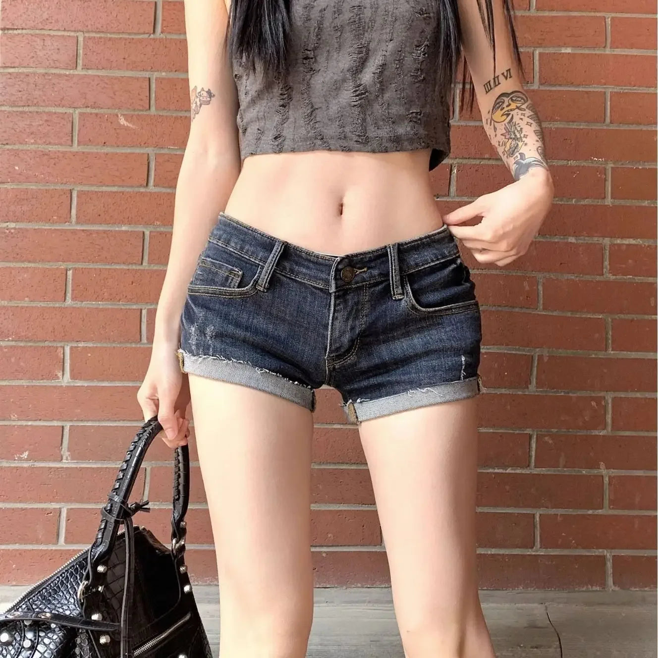 Summer Button Sexy Club Pants Low Waist Mini Jean Streetwear Vintage Stretch Slim-fit Denim Shorts with Pockets Women's Denim