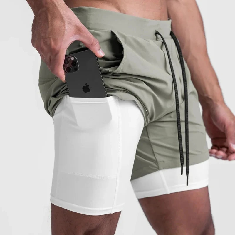 Shorts de Exercício para Homens em Verão 2024, Corrida na Academia, Fitness, Secagem Rápida, Dupla Camada, Shorts de Corrida Dois em Um