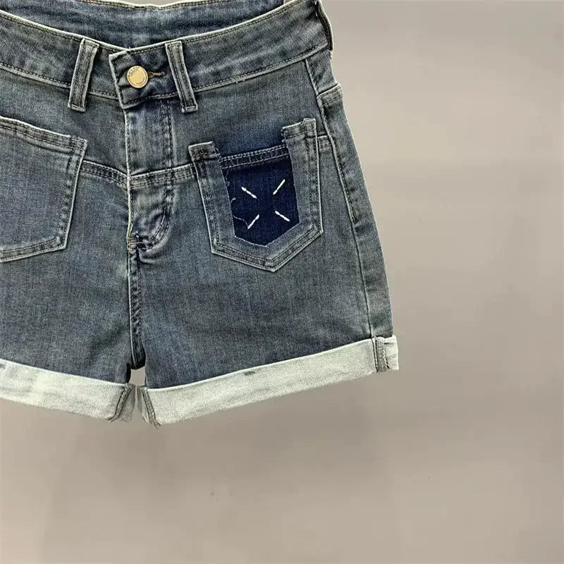 CINESSD Simple Retro High Waist Denim Shorts 2023 New Personalized Pocket A- line Wide Leg Pants Slimming Curling Hot Pants