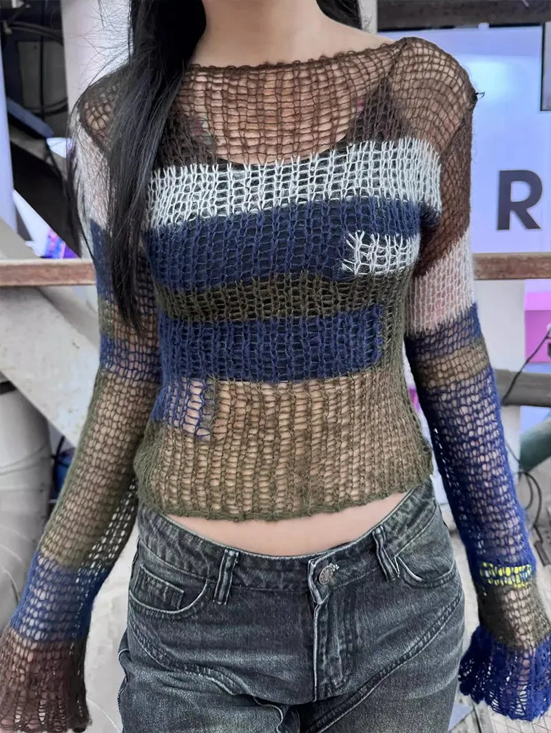 Karrram Y2k Aesthetics Crop Knit Tops Vintage Grunge Hollow Out Jumpers Japanese 2000s Hole Pullover Korean Dongdaemun Knitwear