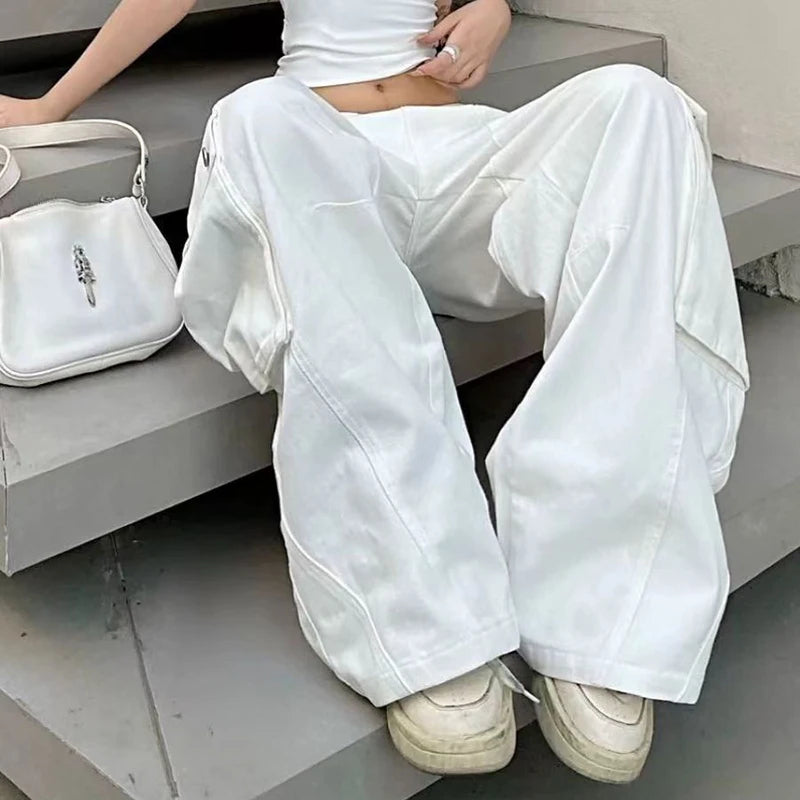 Fashion Baggy Cargo Long Pants Women Y2K American Vintage Streetwear Wide Leg Straight Trouser Casual Distressed Female Bottom