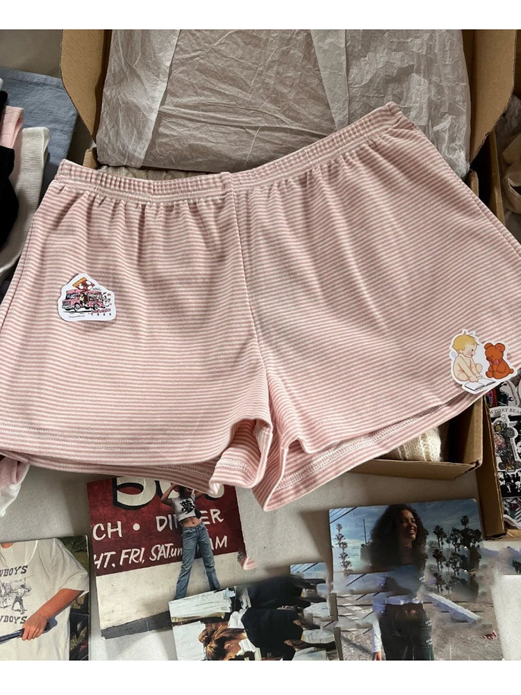 Conjunto de 2 peças de colete e shorts de algodão listrado rosa, feminino, regata slim com elástico, cintura alta, calças curtas retas, conjuntos fofos