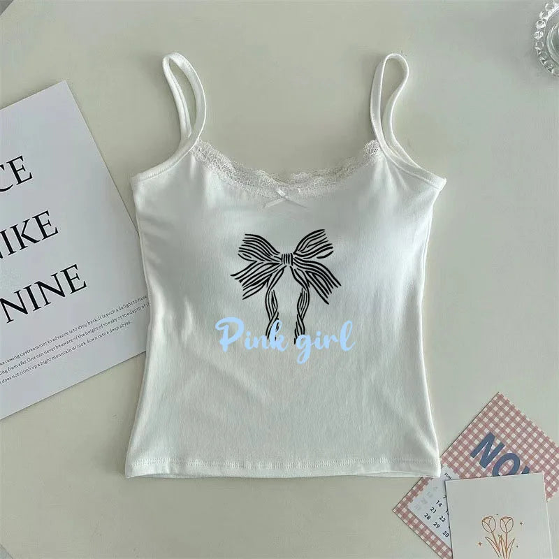 Summer Sweet Bow Tie Print Women's Crop Tops Sexy  Sleeveless Shirt Women Y2k Top Shoujo Girl Aesthetic 2024 Tops for Women