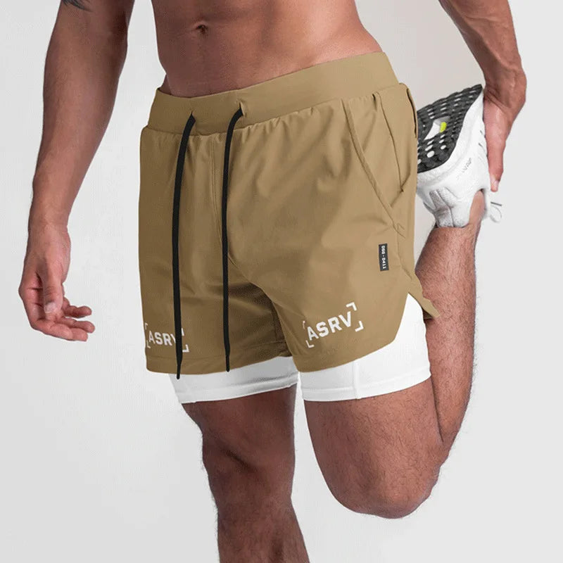 Masculino Academia 2 em 1 Secagem rápida Shorts casuais de dois andares Jogging Fitness Basquete Calças curtas Calças masculinas de treino esportivo de verão