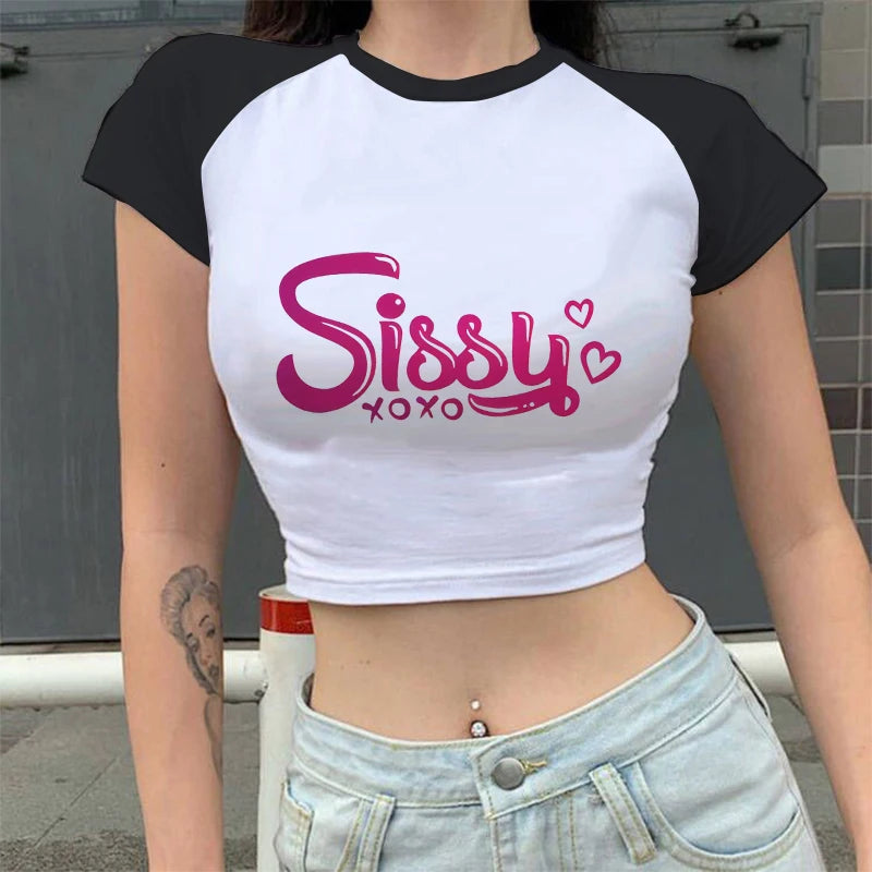 Camiseta estampada com letras SISSY de verão, camiseta feminina sexy, roupas kawaii, moda feminina, camisas curtas para meninas, camiseta, roupas de rua