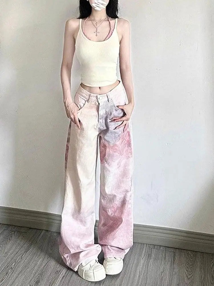 Floral Tie Dye Printed Loose Straight Leg Jeans for Women High Waist Slimming and Wide Leg Pants