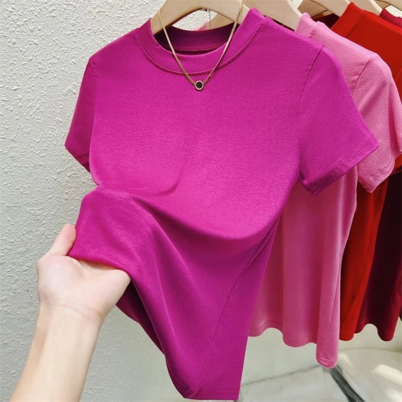 Nova camiseta feminina casual de alta qualidade, sexy, slim, manga curta, rosa, plus size, moda, gola redonda, tendência, sólida, roupas femininas, tops