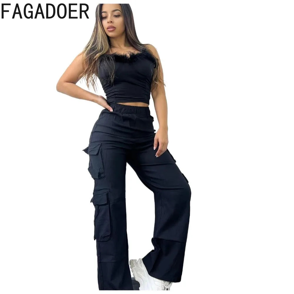 FAGADOER Black Casual Solid Color Pocket Straight Cargo Pants Women Elastic High Waist Slim Trousers Female Sporty Bottoms 2024