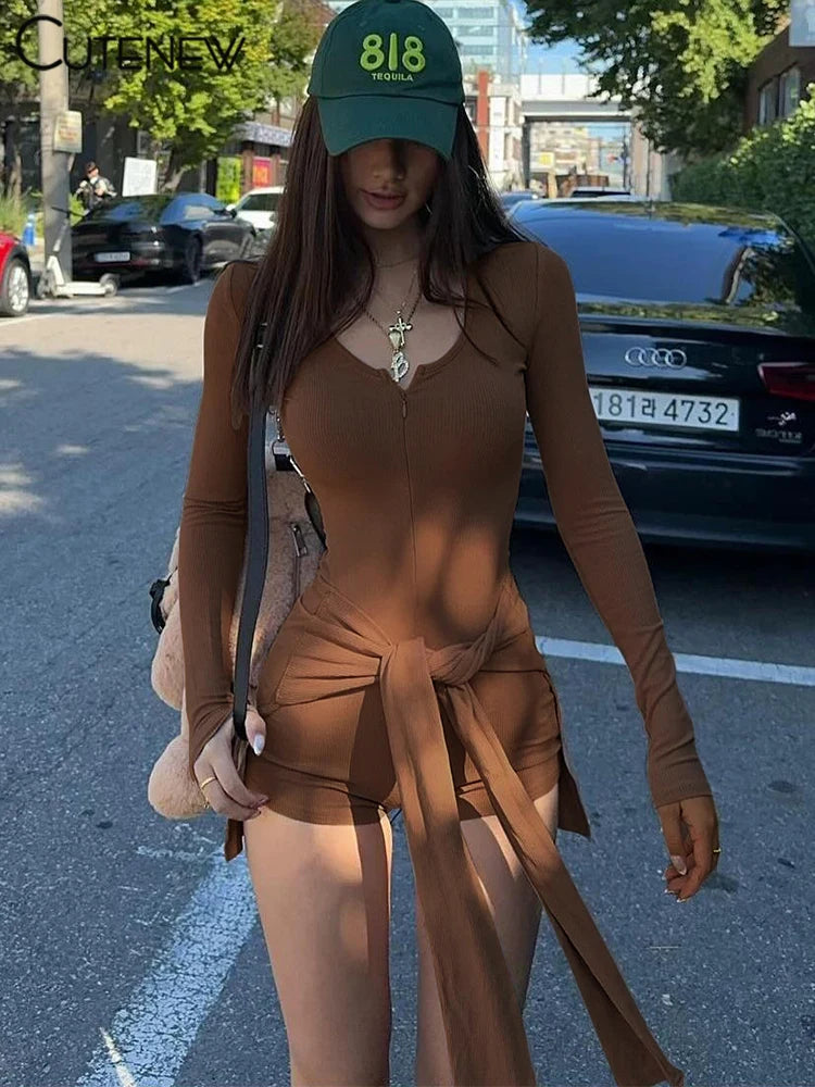 Cutenew Casual Solid Women Playsuits 2 Piece Classic SImple Long Sleeve O-neck Slim Rompers+Bandage Mini Skirts Mujer Tracksuits