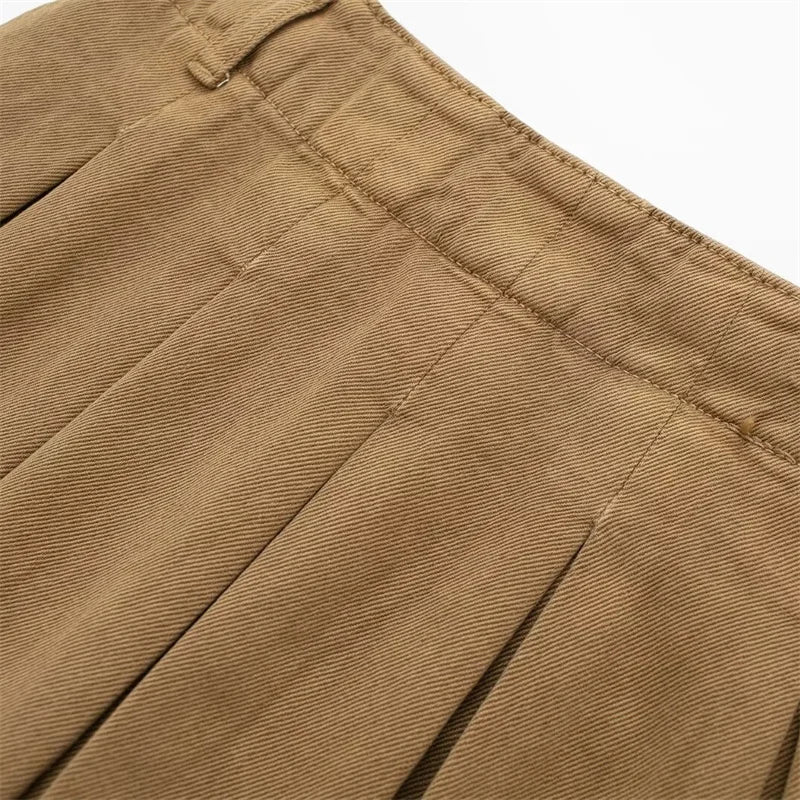 KEYANKETIAN 2024 Novo Lançamento Saia Plissada com Zíper Cintura Baixa Feminina American Retro Y2K Khaki A-Line Mini Culottes Spicy Girl Saia