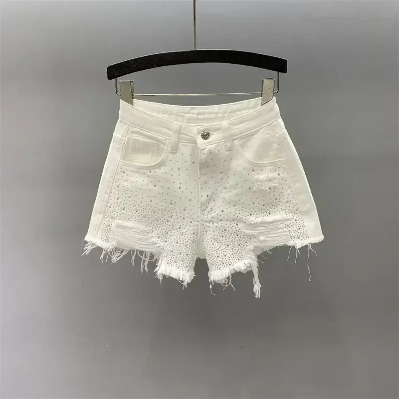 Indústria Pesada Shorts Jeans Rasgados Femininos Calças Quentes 2024 Nova Cintura Alta Emagrecimento Produtos Europeus Cor Strass Calças de Perna Larga