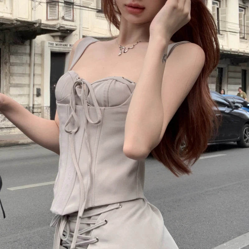 2024 Summer New Streetwear Lace-up Pleated Solid Color Casual Irregular Camisole Women + Sexy Slim A-line Skirt Two Pieces Suit