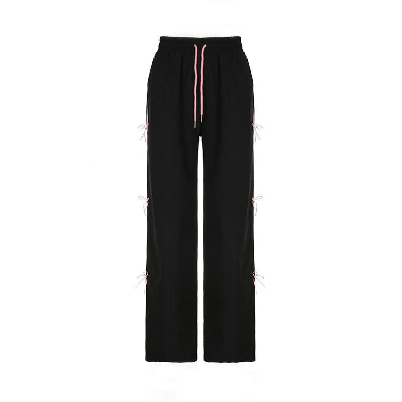 Quick-drying thin bow lace-up elastic waist woven pants women's all-in-one high waist wide leg straight trousers