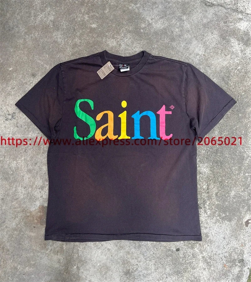 Jesus Graffiti print Saint T Shirt Men Women Retro Gray Washed T-Shirt Tee Tops