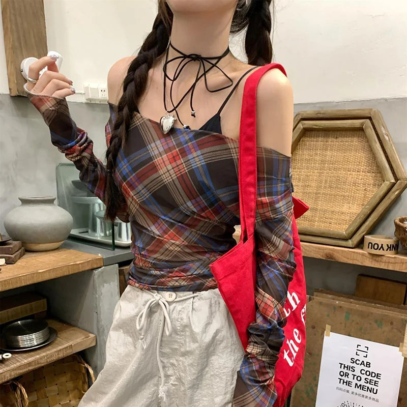 Xingqing y2k Tops Women Grunge Fairycore Clothing Plaid Print Off Shoulder Long Sleeve Mesh T Shirts 2000s Clothes Streetwear