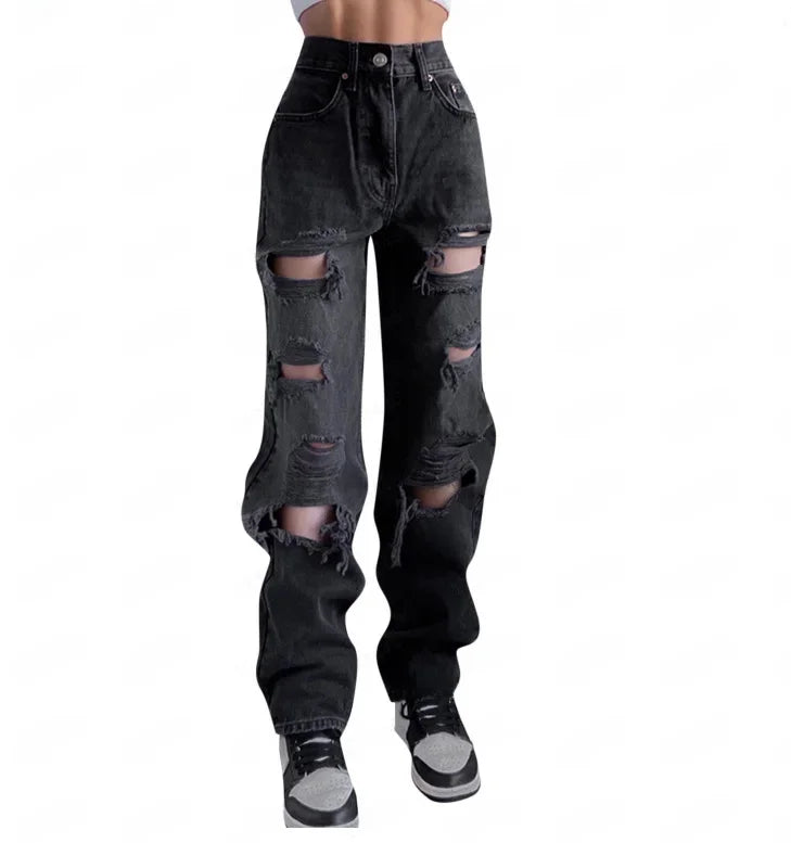 Fashionable Washed Slim Fit Women's Jeans Hole Punching Casual Trousers Stylish Bootcut Denim Pants from Mainland China