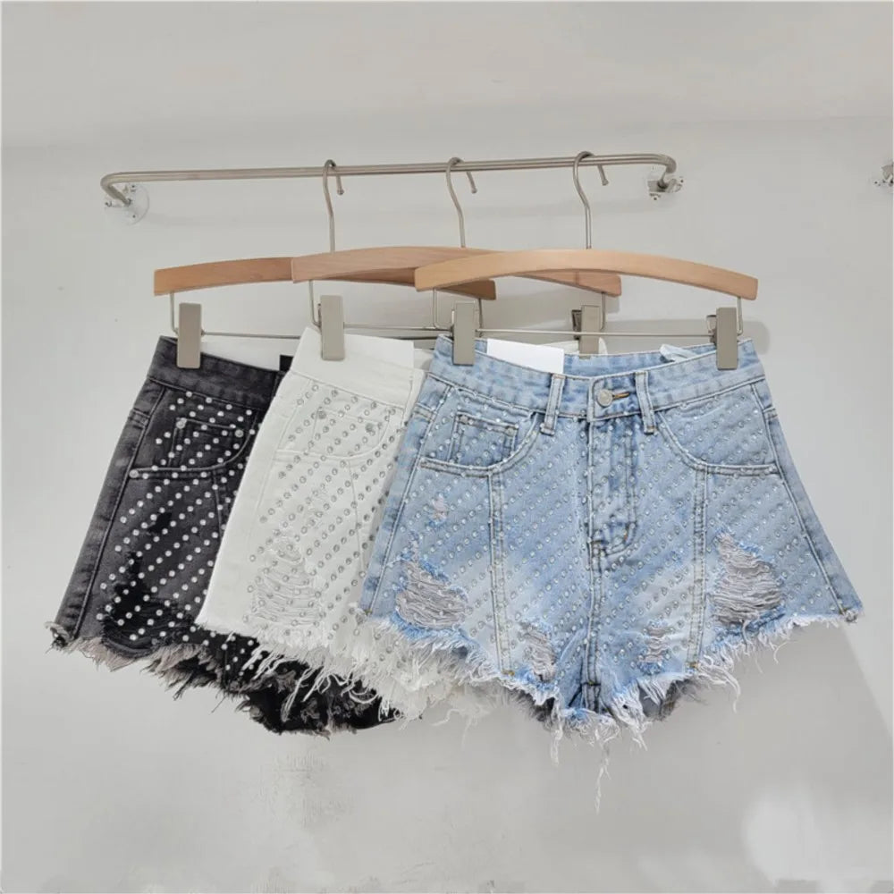 Diamond Denim Shorts for Women's 2024 Summer New High Waist Slimming Holes Wide Legs jeans