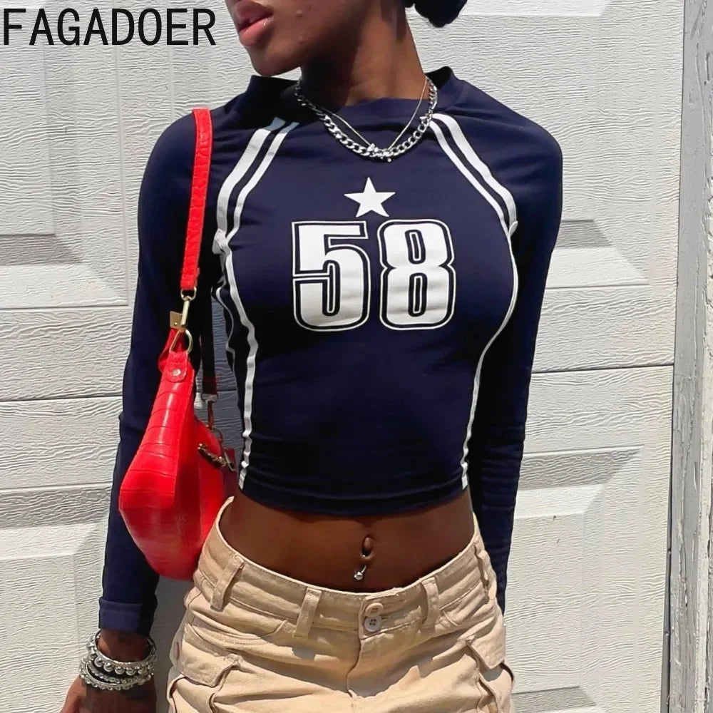 FAGADOER Autumn Y2K Letter Print T Shirt Women O-Neck Stripe Patchwork Slim Crop Tops Hot Girl Basic Hipster Streetwear Clothing