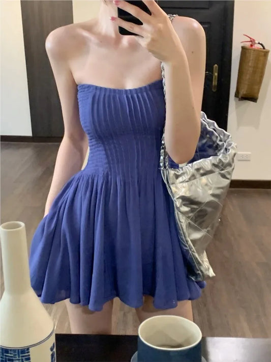 Sexy Strapless Solid Short Dress Women New Summer Slim A-line Sleeveless Beach Style Korean Chic Birthday Party Dress Vestidos