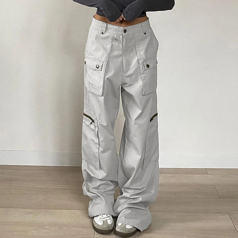 Streetwear Zipper Pockets Cargo Trousers Women Casual Straight Leg Denim Jeans Harajuku Low Rise Overalls Fashion Y2K Outfits